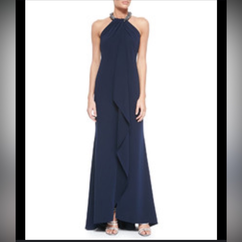 Carmen Marc Valvo Women’s Beaded Toga Navy Maxi‎ Dress Size 4